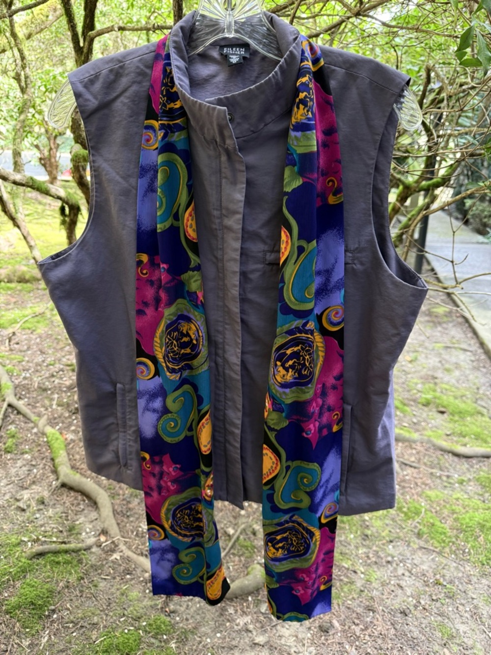 Eileen Fisher Charcoal Gray Sleeveless Vest with Multicolor Silk Scarf